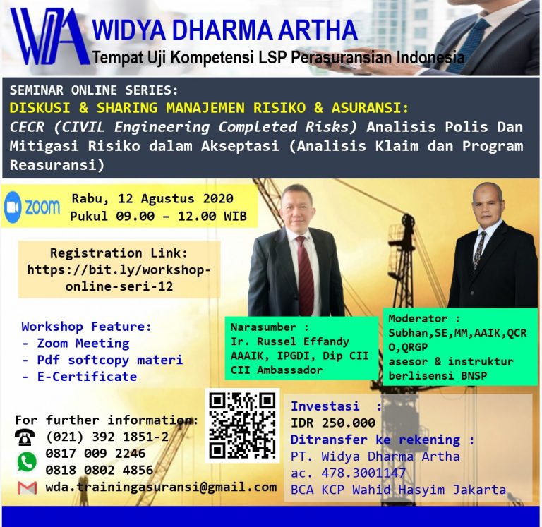 WDA – Pelatihan ONLINE – Polis CECR(Civil Engineering Completed Risks) – 12 Agustus 2020 – 0900 – 1200